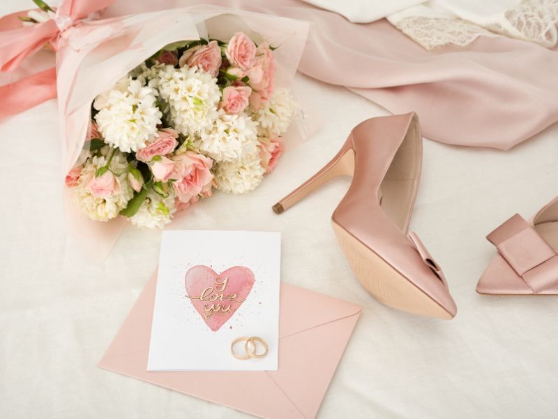 Ein Blumenstrauß, ein Paar rosa High Heels, eine Karte mit der Aufschrift „Ich liebe dich“ und zwei Ringe liegen auf einem weiß-rosa Tuch.